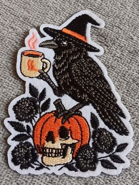 Coffee Raven & Pumpkin Skull Halloween Iron On Patch Gothic Witchy Fall Applique
